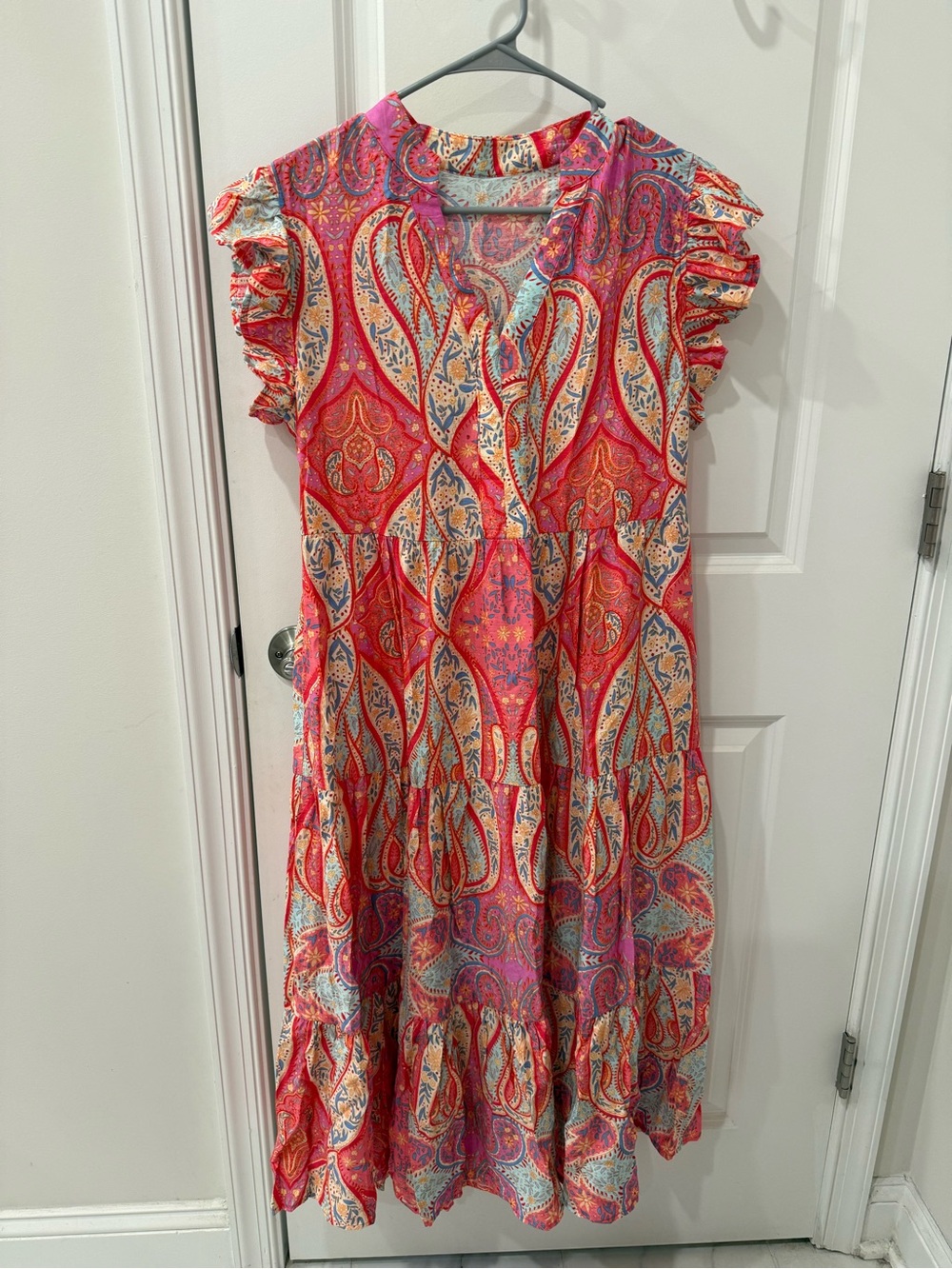 Vibrant Paisley Ruffle Sleeve Midi Dress - Pink & Coral